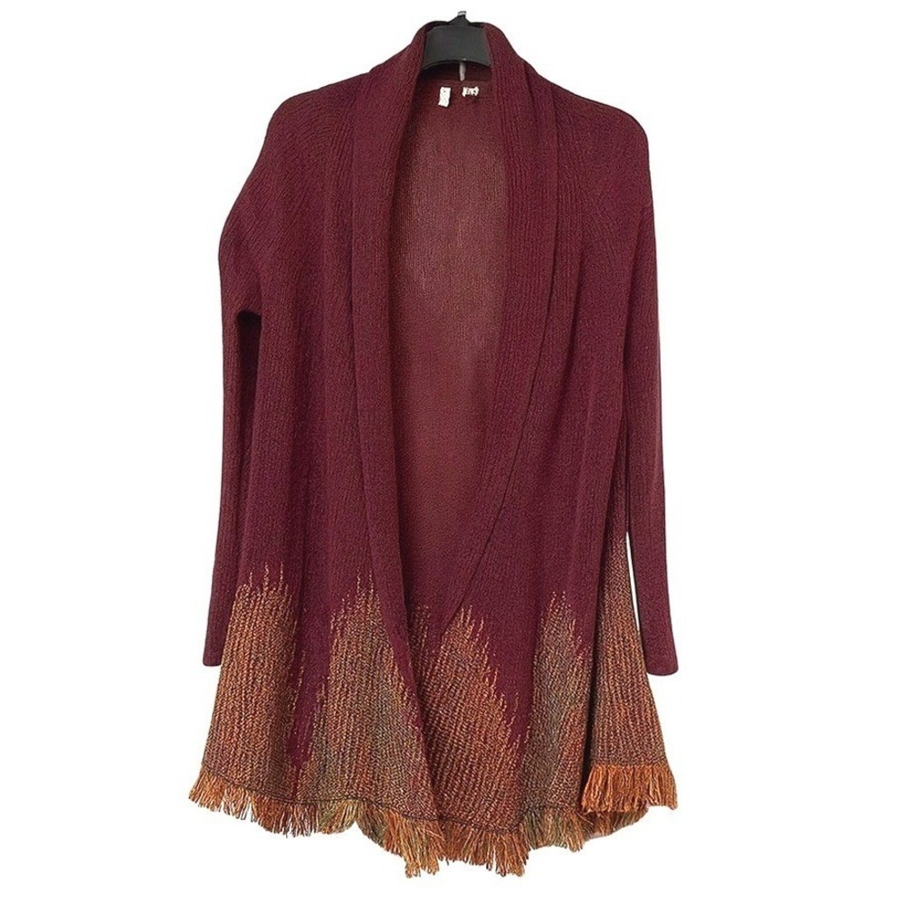 Moth Cardigan Burgundy Womens Large‎ Open Front Fringe Hem Boho Anthropologie